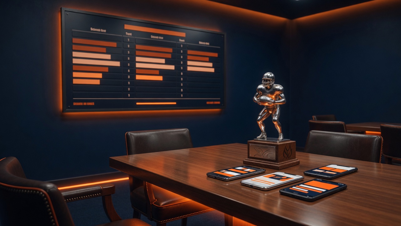 Fantasy trophy and share cards on a navy operations table